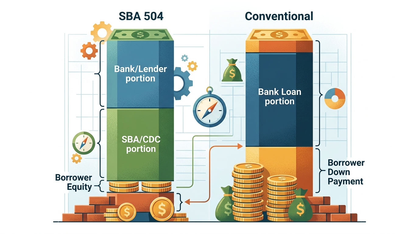 Comparison chart illustrating the lower down payment requirements for SBA 504 loans compared to conventional commercial loans.