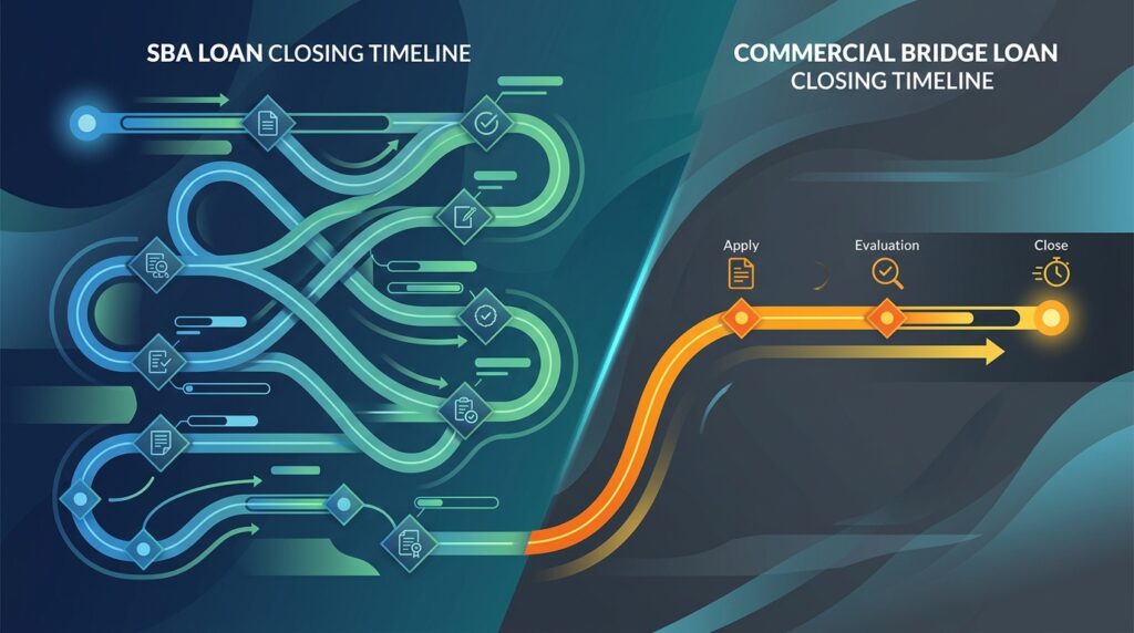 Visual comparison illustrating the longer closing timeline of SBA loans for commercial property against the rapid closing time of commercial bridge loans.