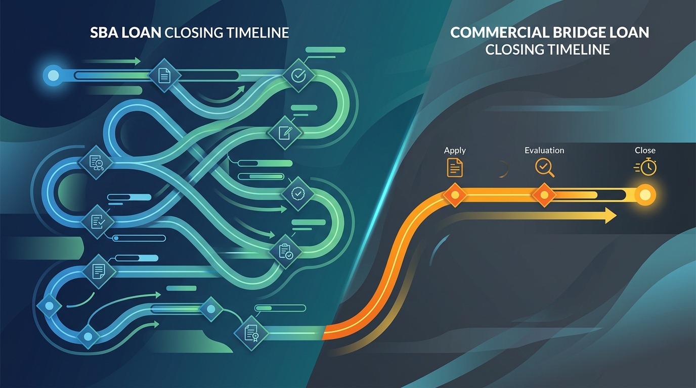 Visual comparison illustrating the longer closing timeline of SBA loans for commercial property against the rapid closing time of commercial bridge loans.