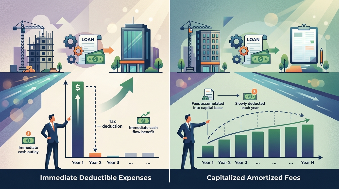 Comparison matrix illustrating the IRS tax treatment of commercial real estate loan fees, distinguishing between immediately deductible expenses and capitalized amortized fees.