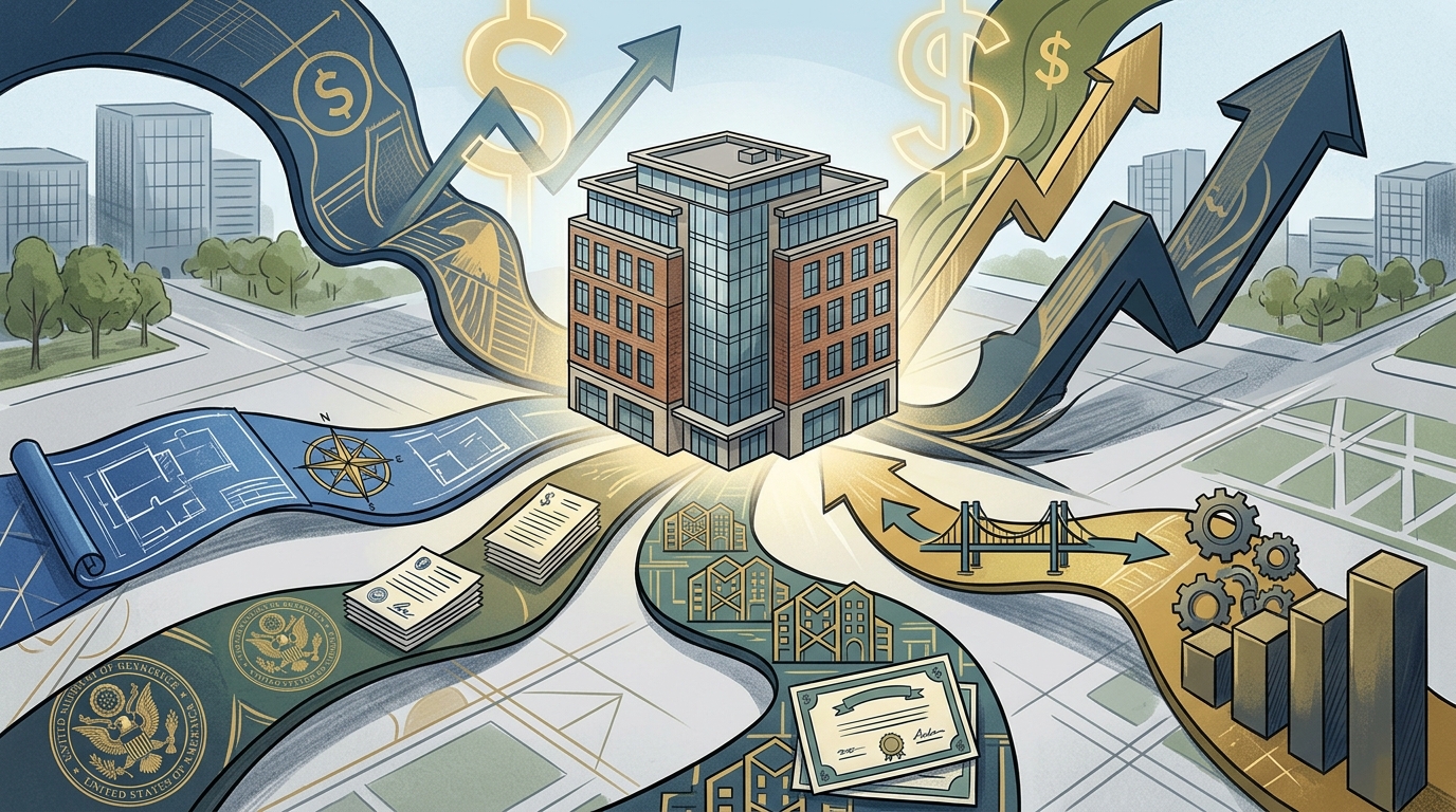 An illustration showing different types of commercial real estate financing options available to investors, including conventional, SBA, CMBS, bridge, and hard money loans.