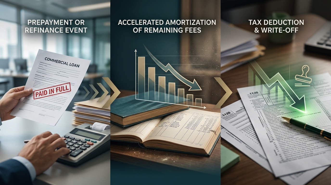 Process diagram explaining the accelerated write-off rule for unamortized commercial loan fees when a loan is paid off early or refinanced.