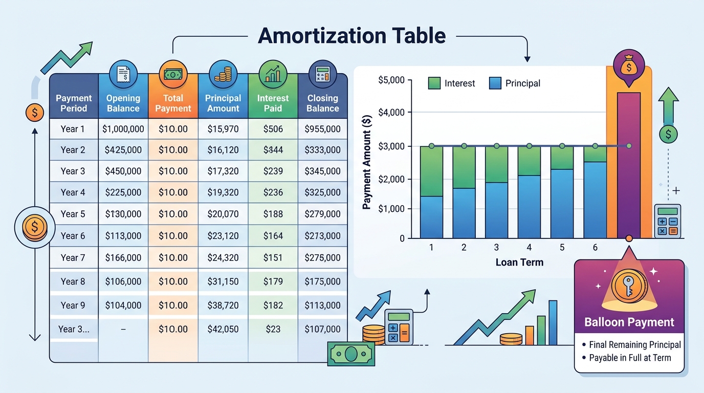 Example of an amortization schedule for a commercial loan, illustrating principal, interest, and a balloon payment.