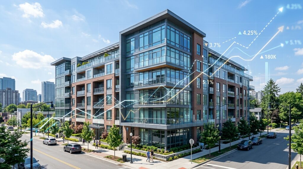 Modern apartment building with a digital overlay showing current multifamily interest rates.