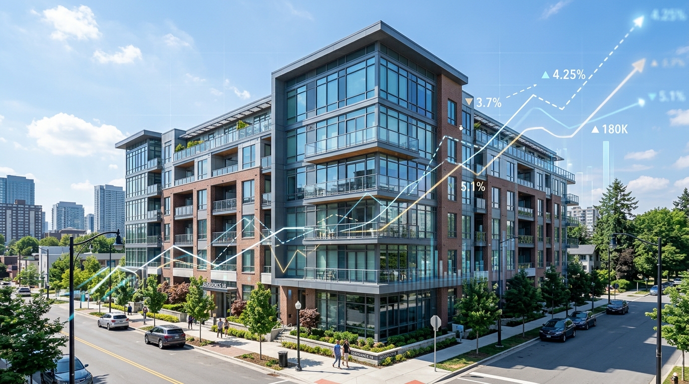 Modern apartment building with a digital overlay showing current multifamily interest rates.