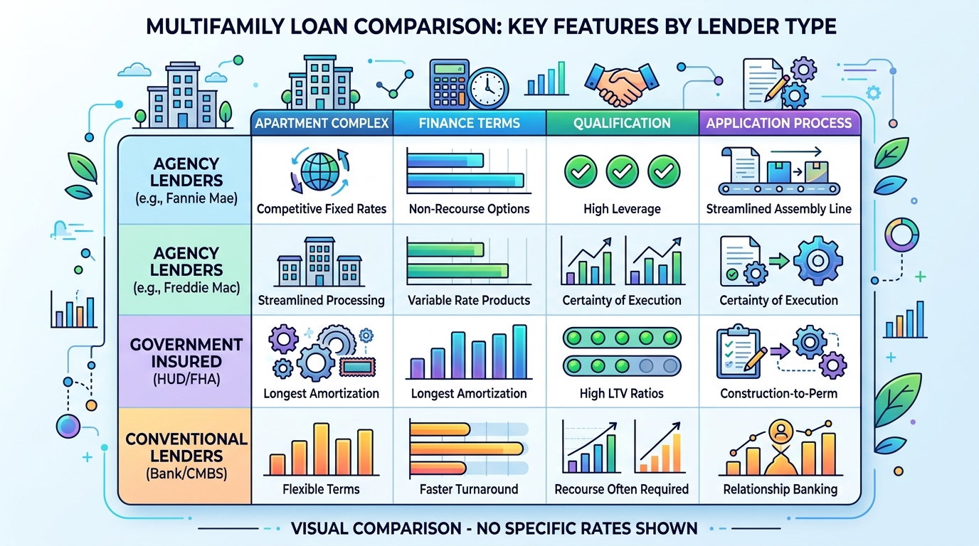 Comparison table illustrating different apartment building loan rates and terms from agency and conventional lenders.