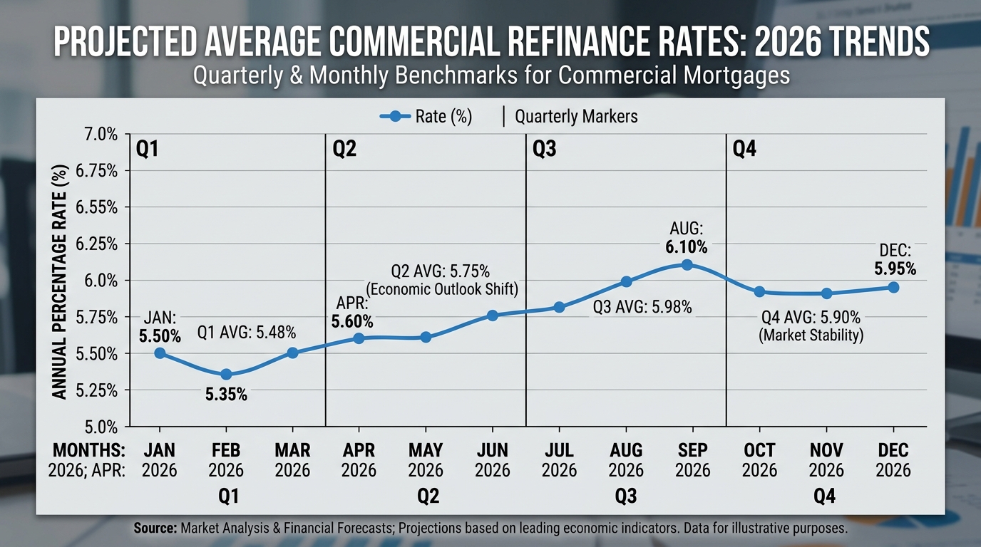 Graph showing the average commercial refinance rates for 2026, indicating market benchmarks and trends.