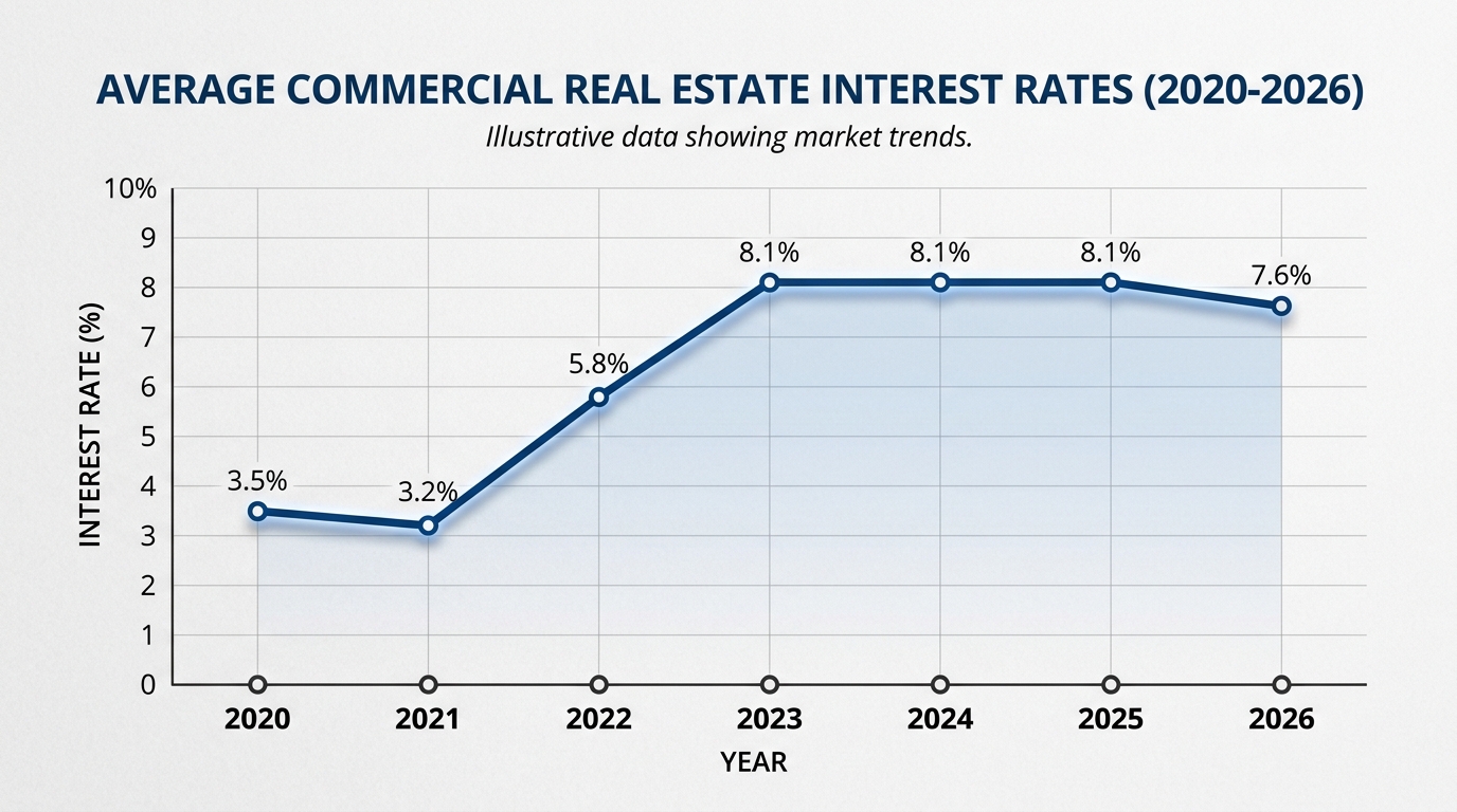 Graph showing the average commercial real estate interest rates from 2020 to 2026, illustrating historical trends and a forecast.