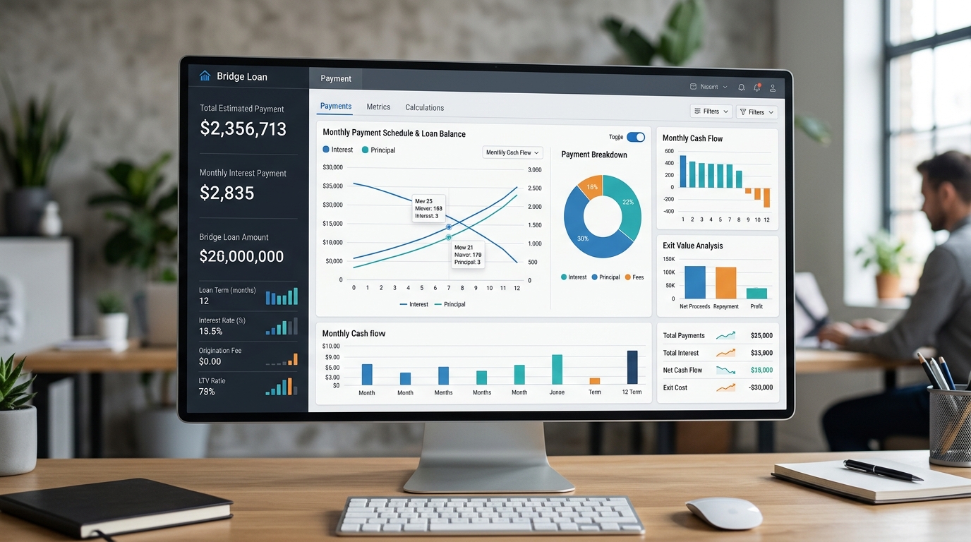 Example dashboard displaying bridge loan payment calculator results including charts and payment details.
