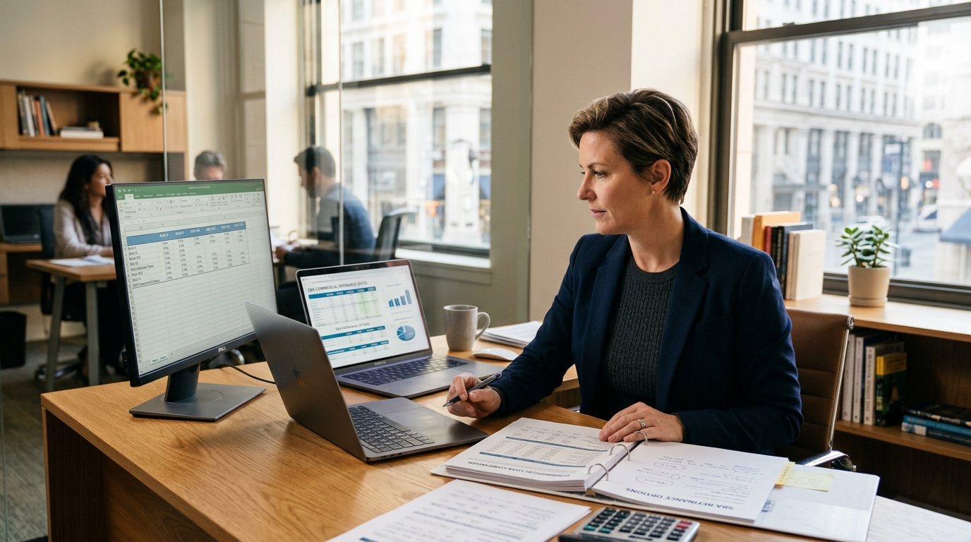 Business owner analyzing SBA commercial refinance rates on a laptop