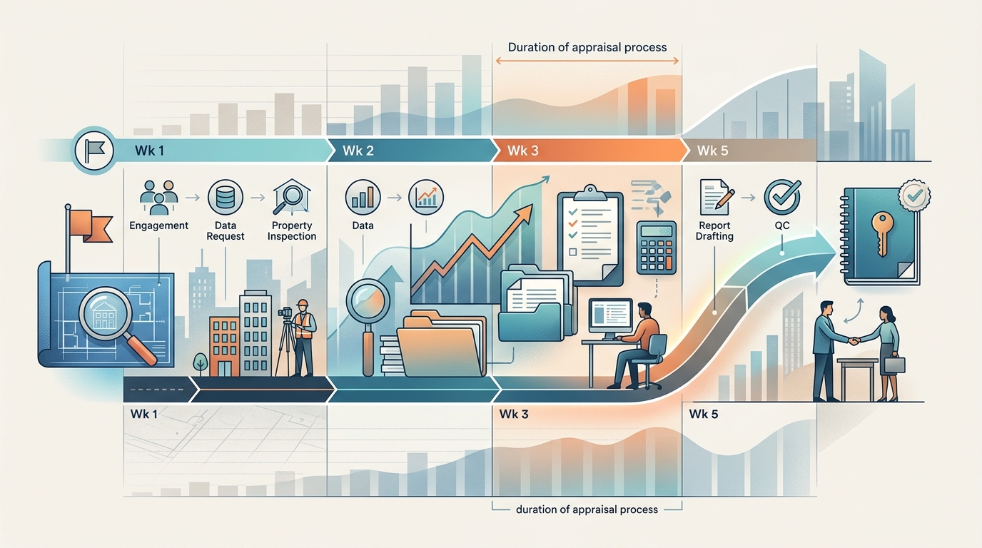 Calendar graphic showing a typical 3 to 5 week turnaround time for a commercial real estate appraisal.