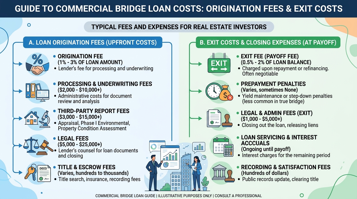 Table summarizing typical commercial bridge loan origination fees and exit costs, including percentages and descriptions.