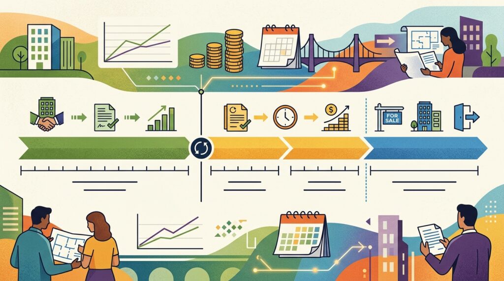 Timeline illustrating the typical duration and extension options for commercial bridge loans.