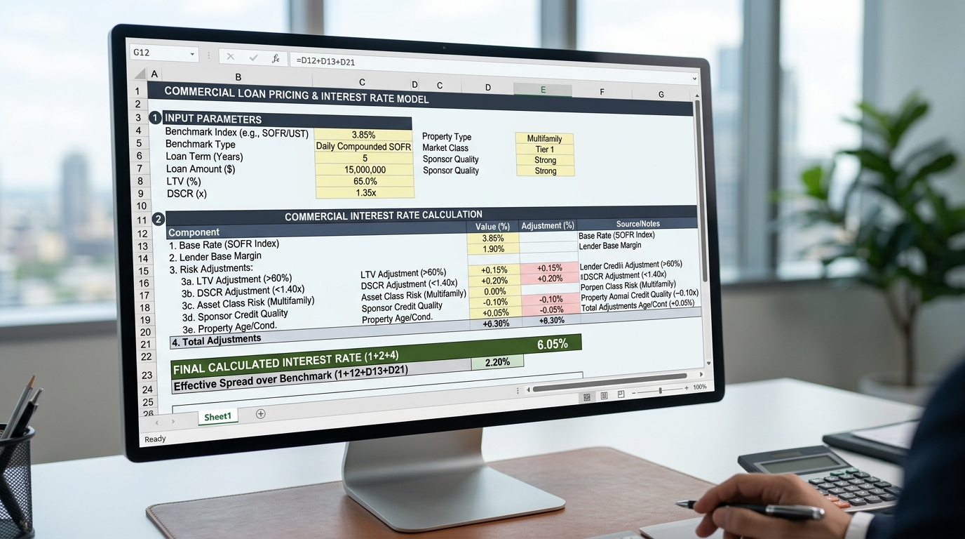 Spreadsheet model demonstrating how commercial lenders calculate interest rates based on various financial inputs.