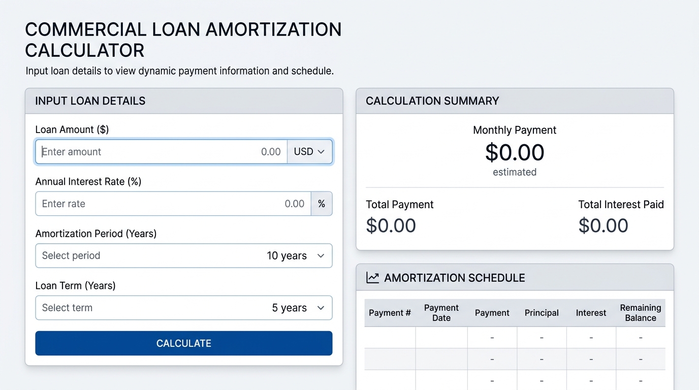 Screenshot of a commercial loan amortization calculator tool showing input fields and calculated payment schedule.