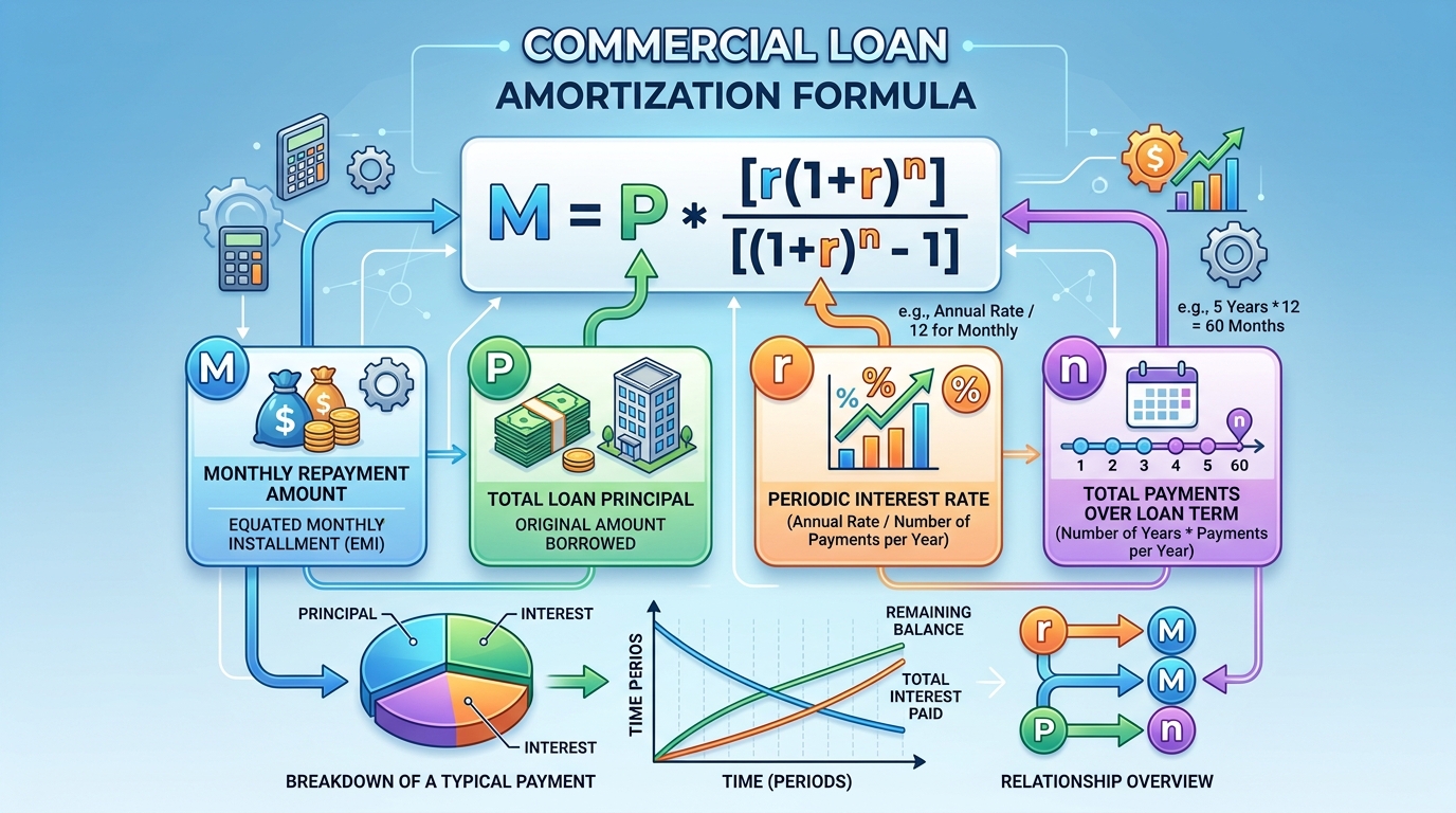 Diagram explaining the components of the commercial loan amortization formula.