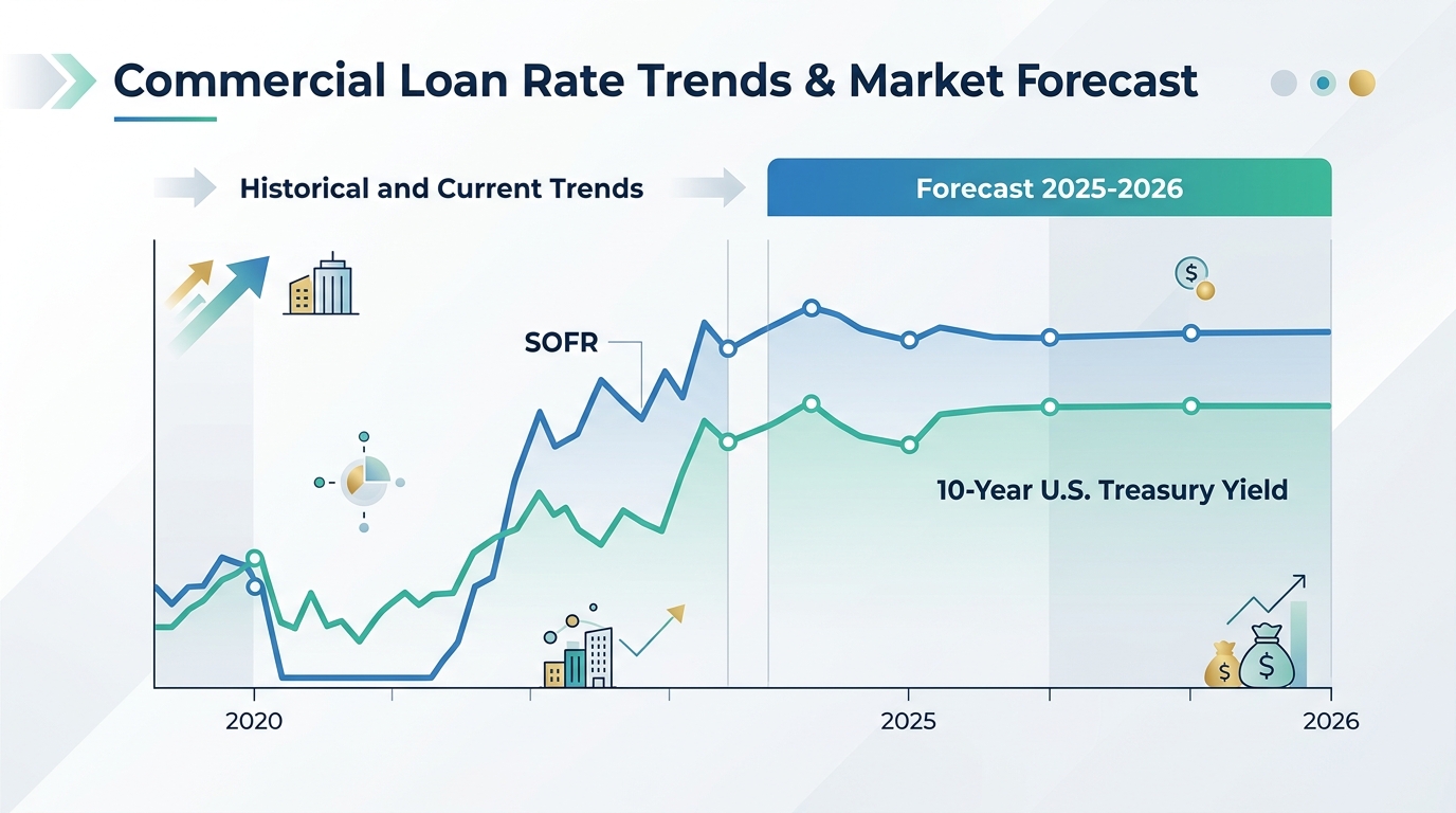 Chart illustrating the commercial loan rate trends and market forecast for 2026, showing expected stabilization.