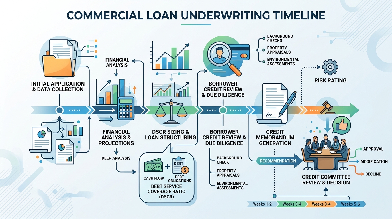 Diagram illustrating the key stages and timeline of commercial loan underwriting, from financial analysis to credit committee approval.