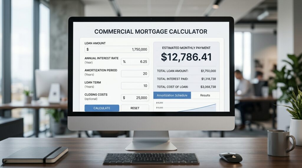 Screenshot of a commercial mortgage calculator interface displaying monthly payment results for a commercial real estate loan.
