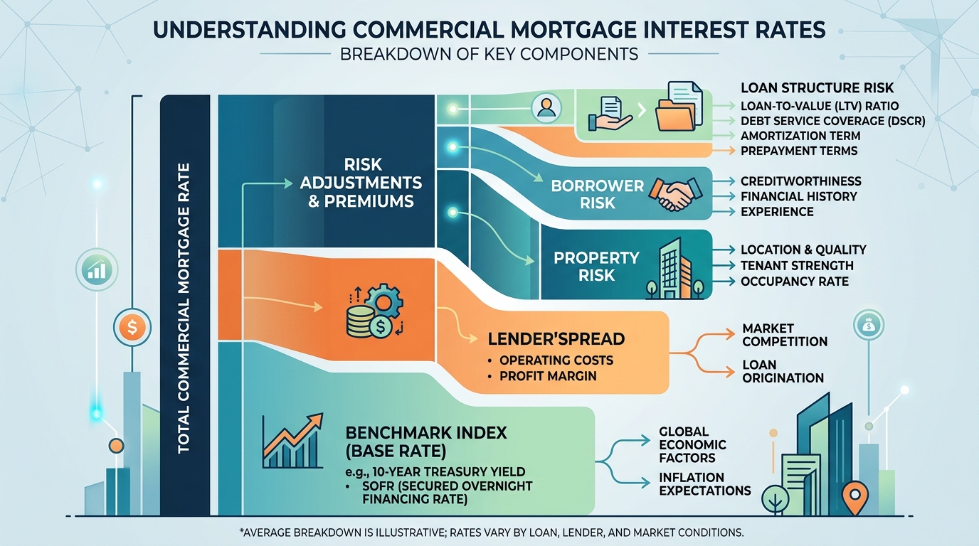 Chart illustrating the components used to calculate commercial real estate interest rates.