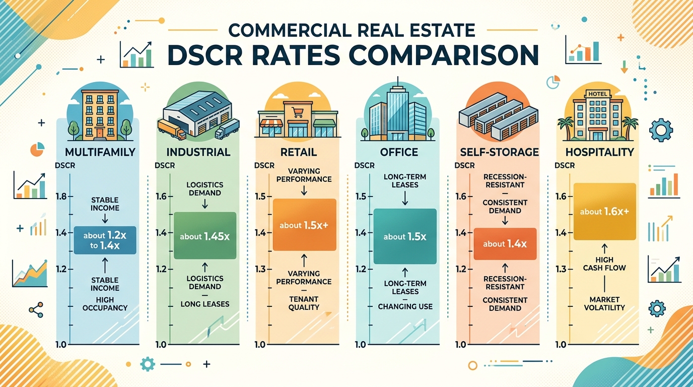 Chart comparing typical DSCR rates for commercial investment properties across different asset classes like multifamily, industrial, retail, office, self-storage, and hospitality.
