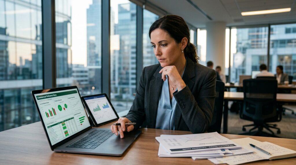 A commercial property investor analyzing refinance rates on a digital device.
