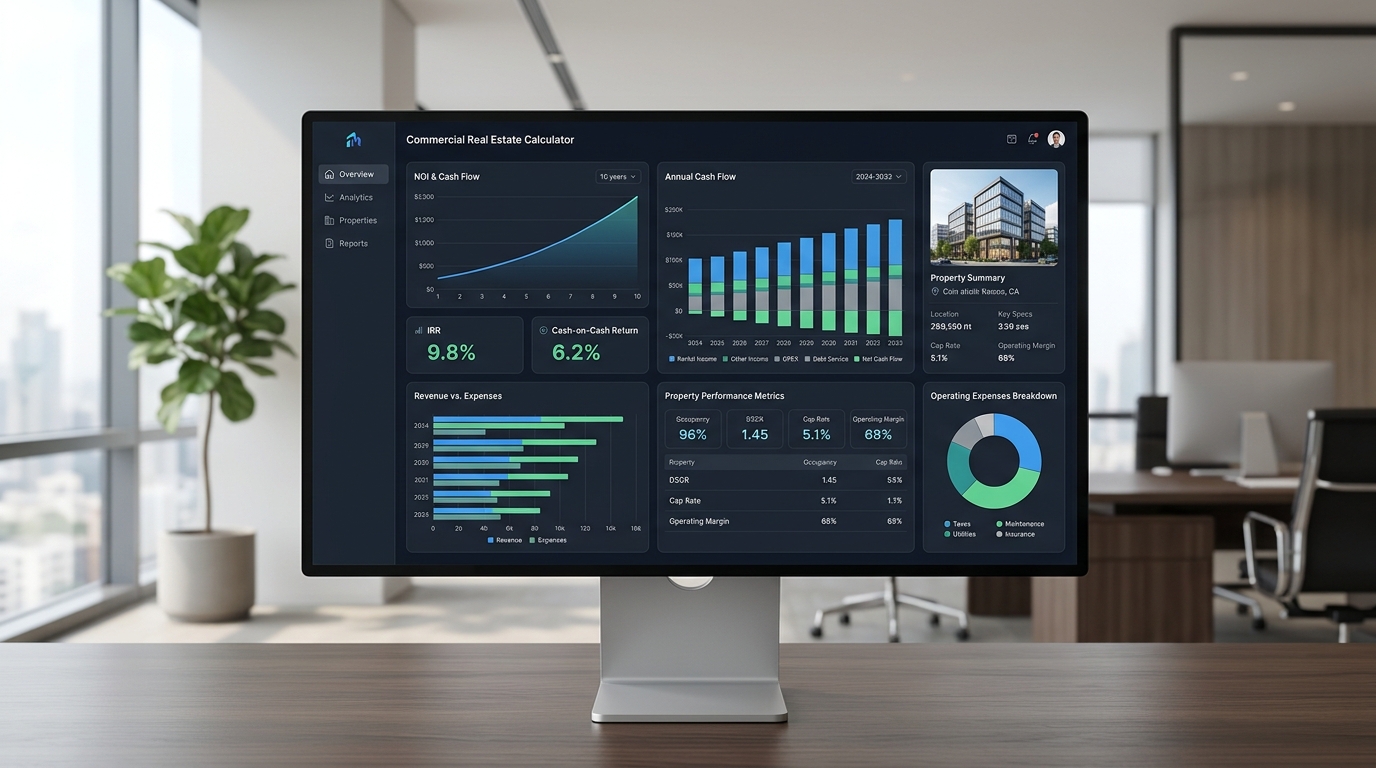 Dashboard interface of a commercial real estate investment calculator showing cash flow analysis.