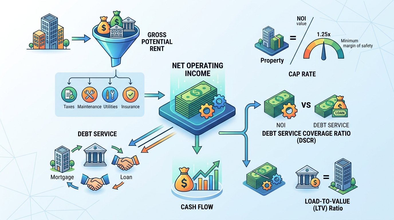 Diagram illustrating key commercial real estate metrics like Debt Service Coverage Ratio (DSCR) and Net Operating Income (NOI).
