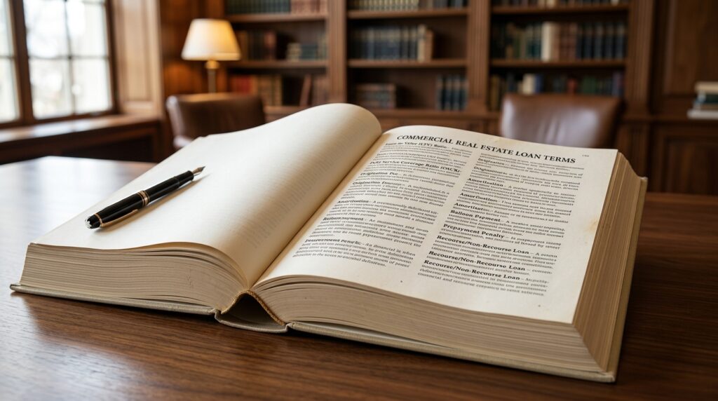 A dictionary open to a page with definitions of commercial real estate loan terms.