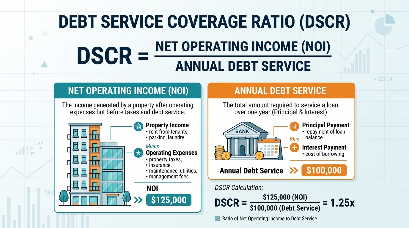 A formula graphic illustrating the Debt Service Coverage Ratio (DSCR) calculation for commercial mortgage rates.