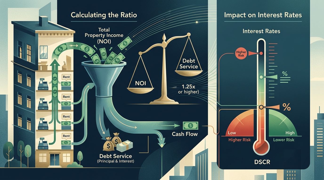 A visual representation showing how the Debt Service Coverage Ratio (DSCR) influences commercial loan rates, particularly for multifamily properties, with higher DSCRs leading to more favorable rates.
