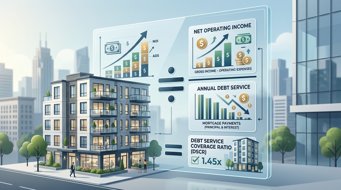 An example calculation illustrating the Debt Service Coverage Ratio (DSCR) for a multifamily property, showing Net Operating Income divided by Annual Debt Service.