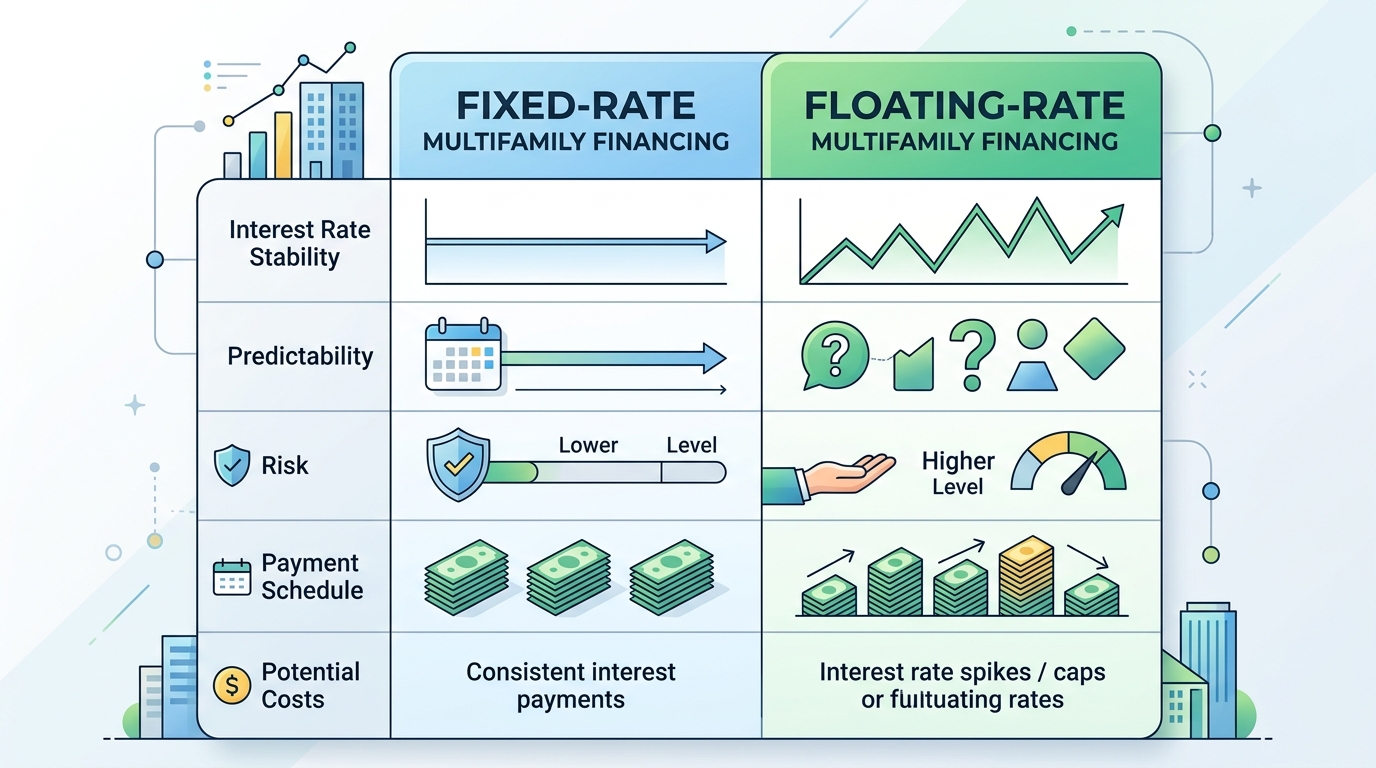 A comparison table outlining the advantages and disadvantages of fixed-rate versus floating-rate multifamily financing.