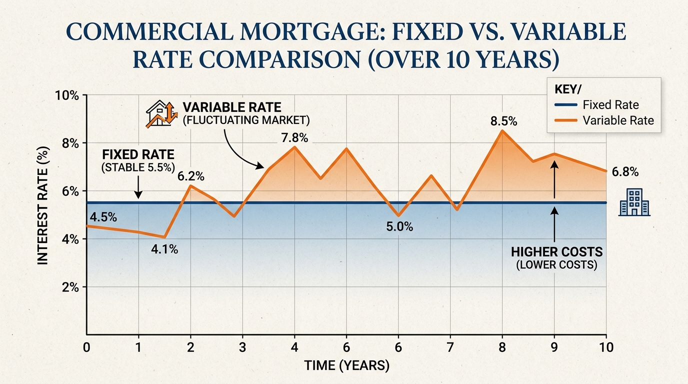 A chart illustrating the comparison between fixed and variable interest rates for a commercial mortgage, highlighting the stability of fixed rates versus the fluctuations of variable rates.
