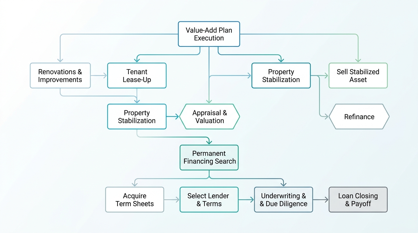 Flowchart illustrating commercial bridge loan exit strategy steps