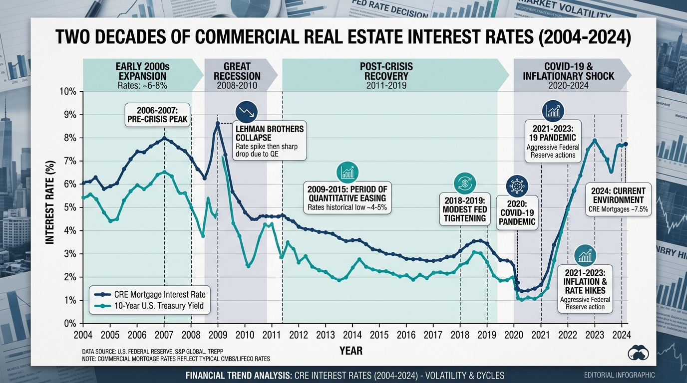 Historical chart illustrating the long-term trends and cycles of commercial real estate interest rates over the past two decades.
