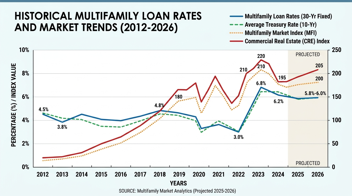 Chart depicting historical trends of multifamily mortgage interest rates and market shifts over several years, leading up to 2026.