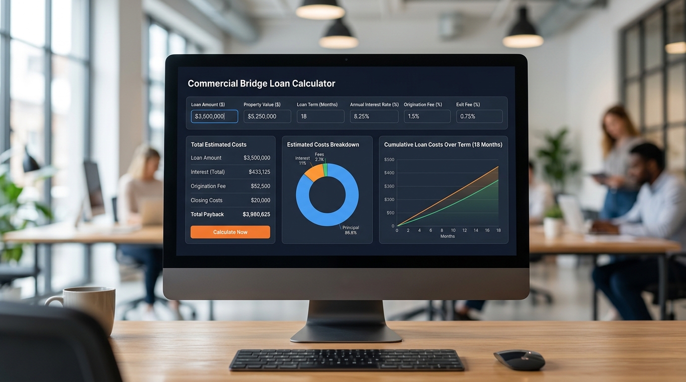 Screenshot of an interactive commercial bridge loan calculator interface displaying input fields and numeric results.
