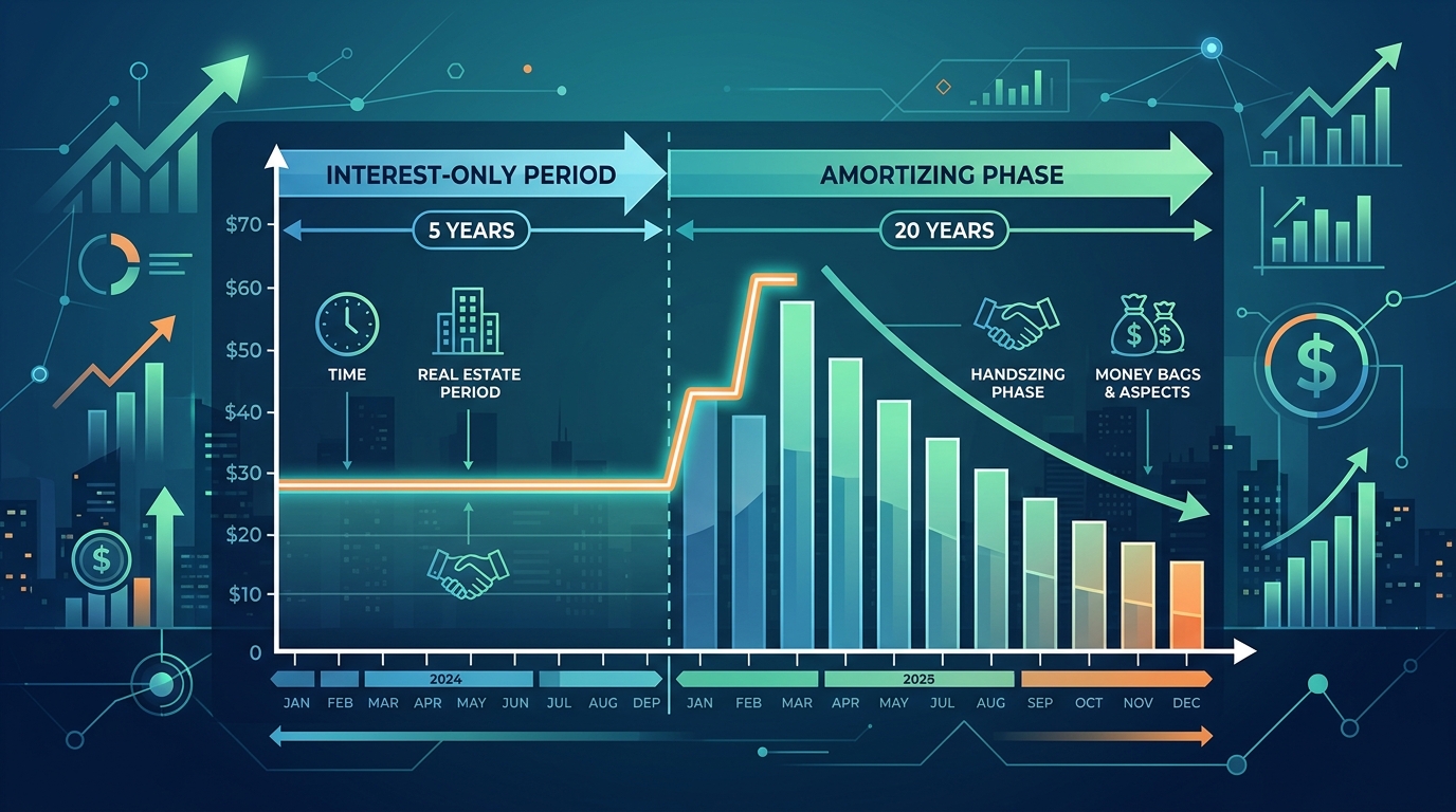Chart illustrating the payment structure of an interest-only commercial real estate loan, showing a period of interest-only payments followed by an amortizing phase.