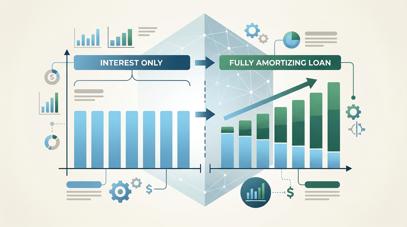 Diagram illustrating the transition from an interest-only commercial real estate loan structure to a fully amortizing loan, showing the change in payment components.