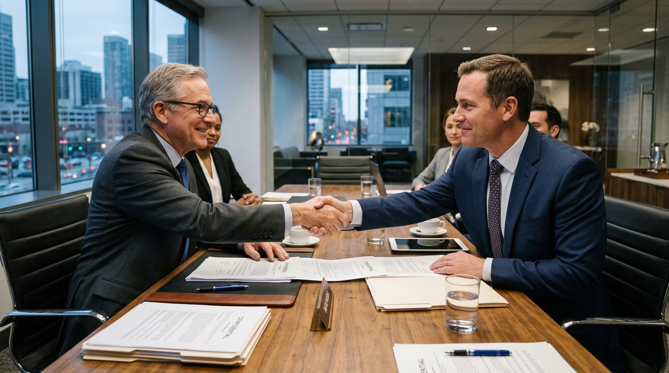 An investor and a lender shaking hands, signifying a successful negotiation of commercial real estate loan terms.