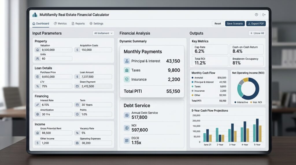 Screenshot of a multifamily interest rate calculator interface showing input fields for purchase price, loan amount, interest rate, amortization period, interest-only period, and net operating income, with calculated monthly payments and debt service outputs.