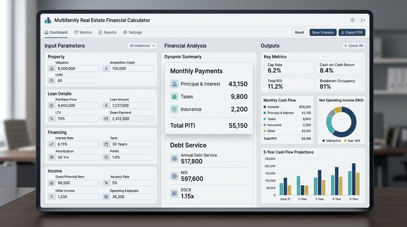 Screenshot of a multifamily interest rate calculator interface showing input fields for purchase price, loan amount, interest rate, amortization period, interest-only period, and net operating income, with calculated monthly payments and debt service outputs.