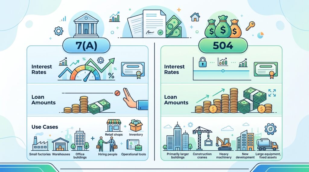 Side-by-side comparison of SBA 504 and 7(a) commercial mortgage rates and program features