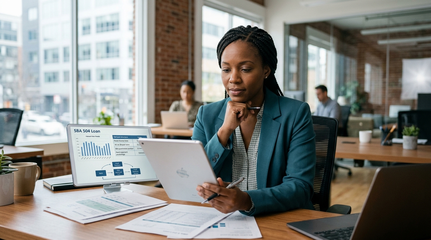 Small business owner reviewing SBA 504 loan interest rates and financial documents