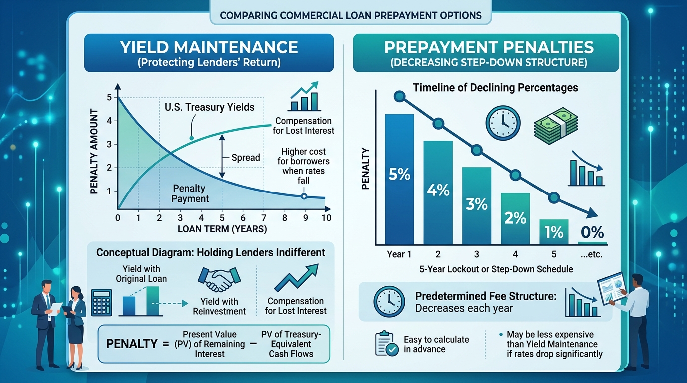 A breakdown illustrating the different types and impacts of yield maintenance and prepayment penalties on commercial loans.